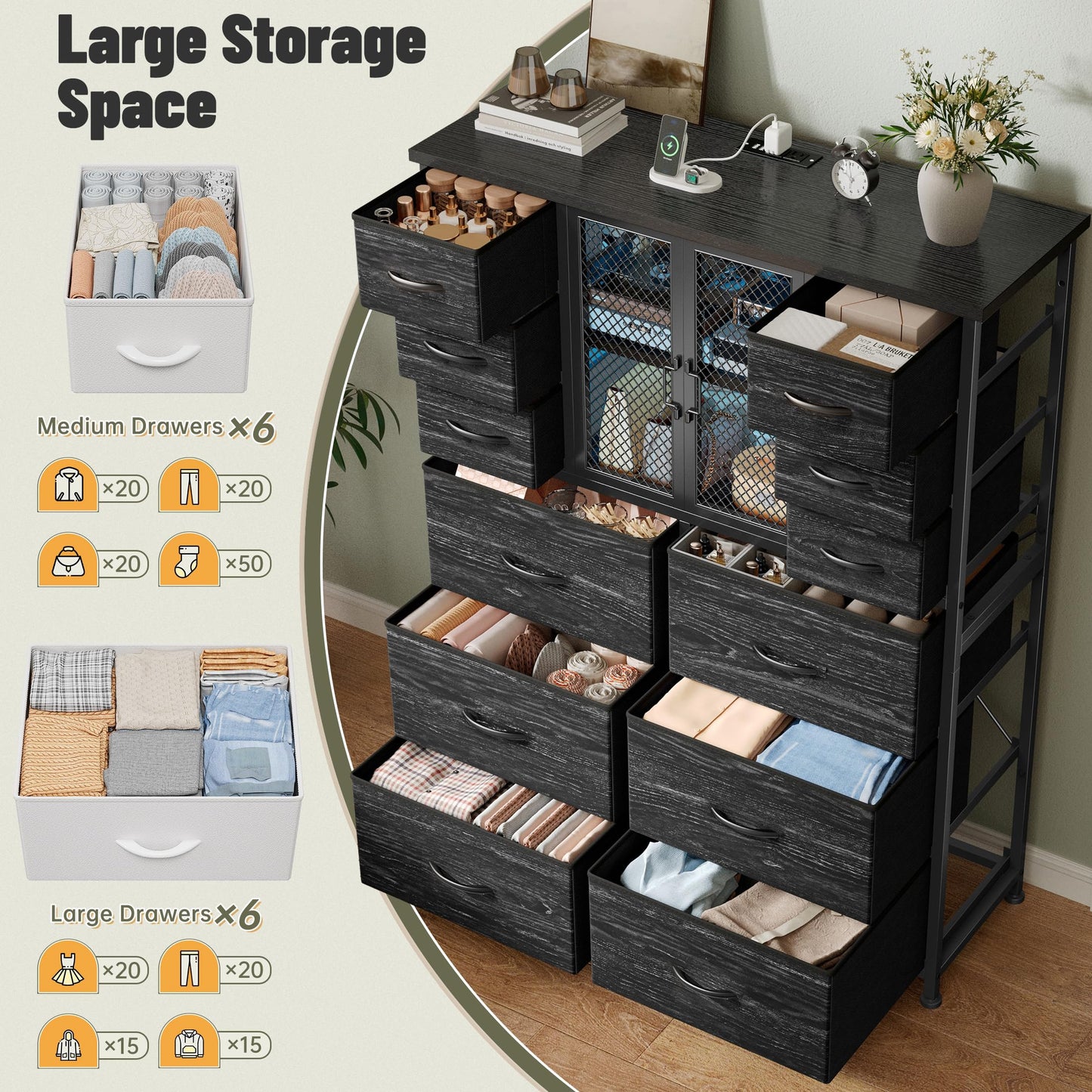 EnHomee Tall Dresser for Bedroom with Charging Station & LED & Mesh Door, 12 Fabric Drawer Dressers & Chests of Drawers, Wooden Top, Metal Frame, Black, 11.8" D x 37.8" W x 50.6" H