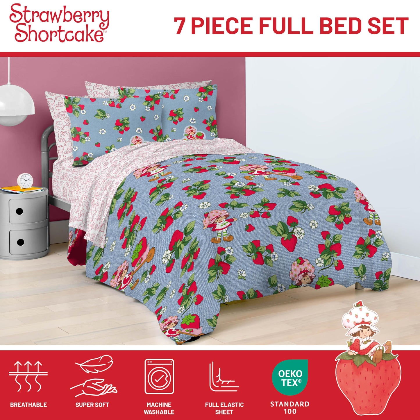 Jay Franco Kids Comforter Set Includes Sheets and Pillow Covers - Soft and Cozy Bed Set for Stylish Room Decor, Blue - Strawberry Shortcake, 7 Piece Full Size Bedding