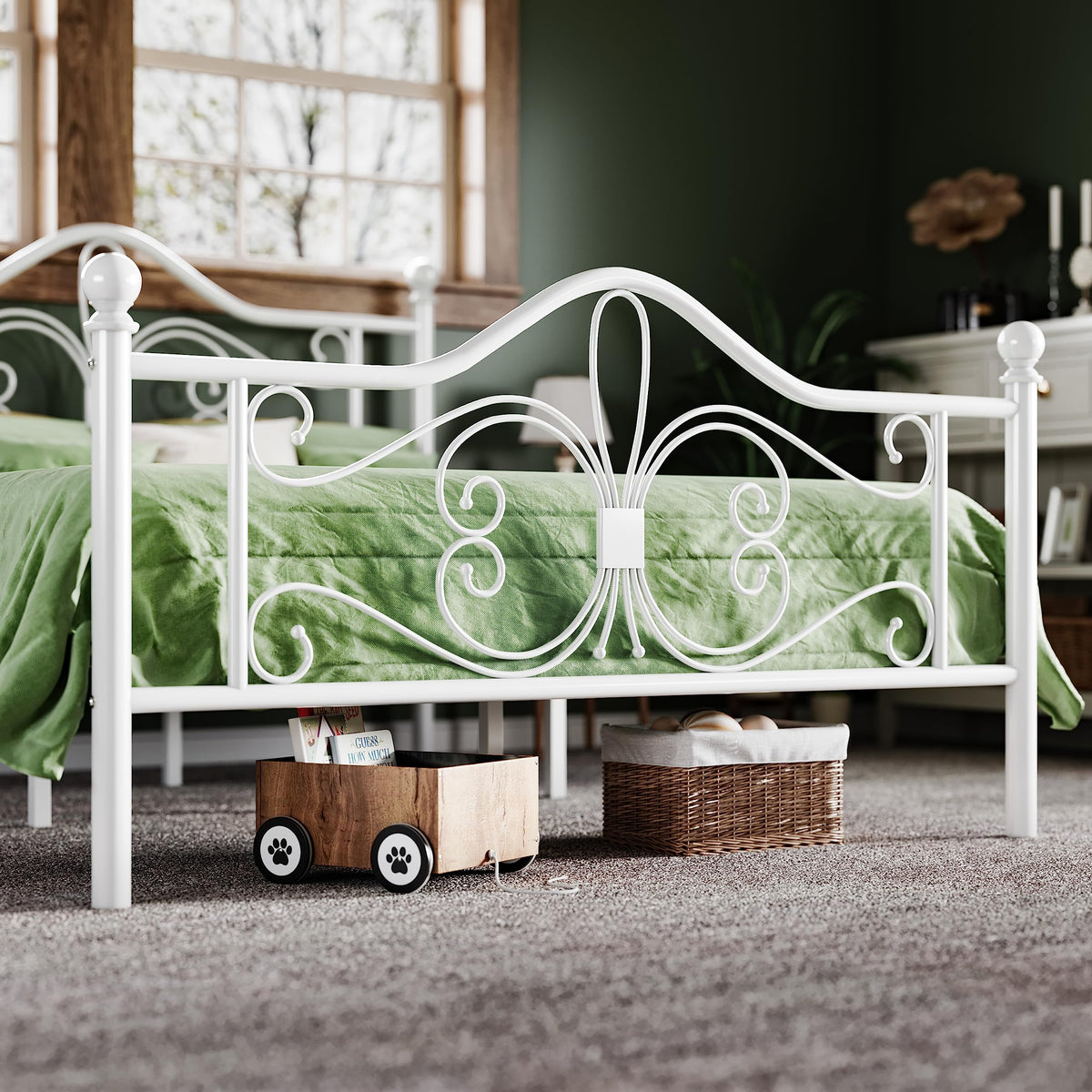 Allewie Queen Size Bed Frame with Headboard,Metal Bed Frame with Butterfly Pattern Design Headboard & Footboard,No Box Spring Needed,Easy Assembly,White