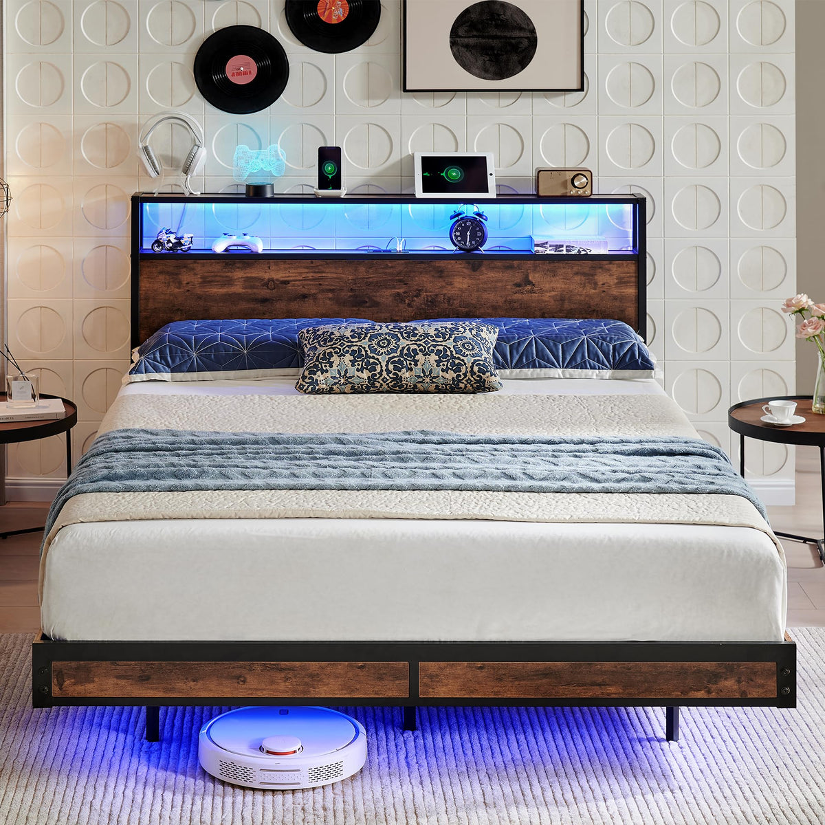 BedsPick Full Size Bed Frame with 2-Tier Storage Headboard, Sturdy Metal Platform Bed Frame with Charging Station & LED Lights, Noise-Free/Metal Support/No Box Spring Needed, Rustic Brown