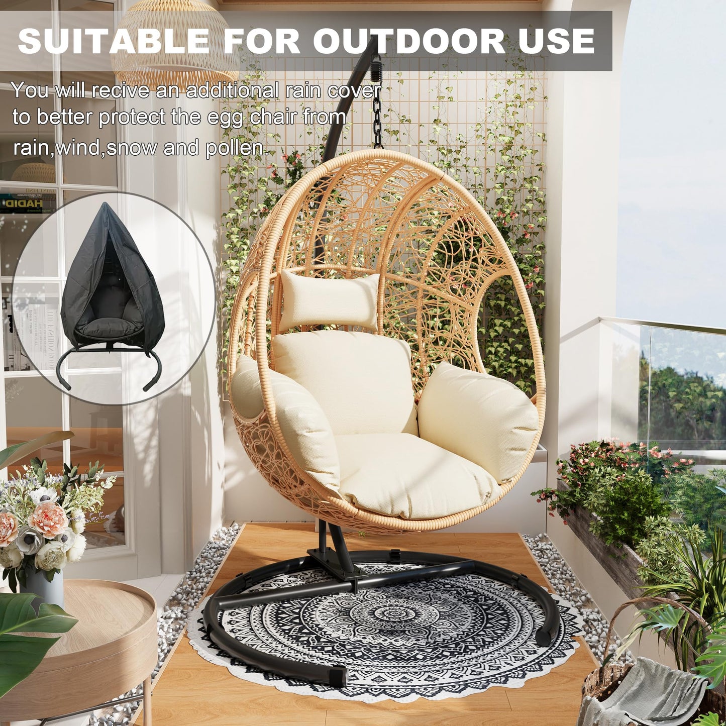 LUTINLIX Oversized Hanging Egg Chair Outdoor Indoor, Wicker Swing Egg Chair with Stand 400lbs Capacity for Bedroom, Patio, Garden and Balcony (Beige-nest, Oversize)