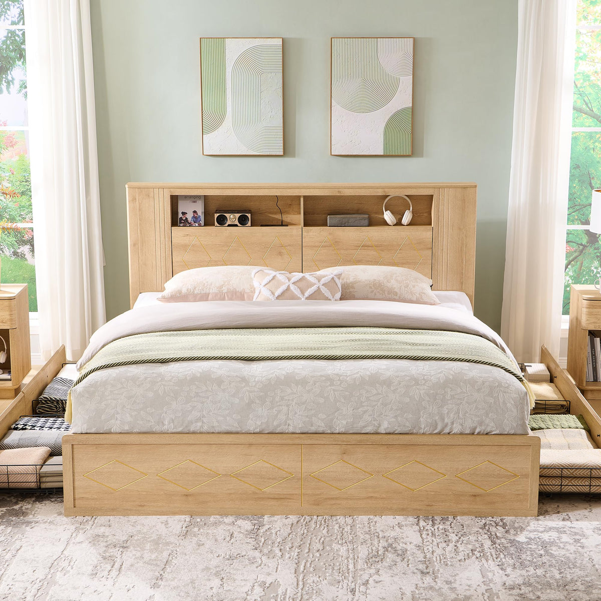 ACCOHOHO Modern King Size Bed Frame with 47" Tall Storage Headboard, 4 Drawers, Charging Station, Led Light, Wood Platform Bed with Solid Wood Slats, Noise Free, No Box Spring Needed, Natural Oak