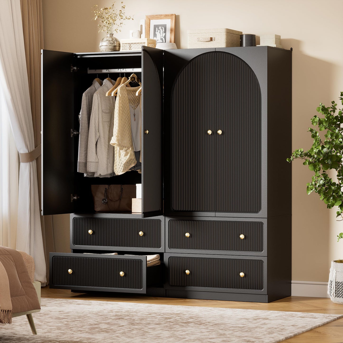 PAKASEPT Armoire Wardrobe Closet with 2 Drawers & Hanging Rod, Freestanding Wooden Wardrobe Cabinet with 2 Striped Doors for Bedroom, Living Room
