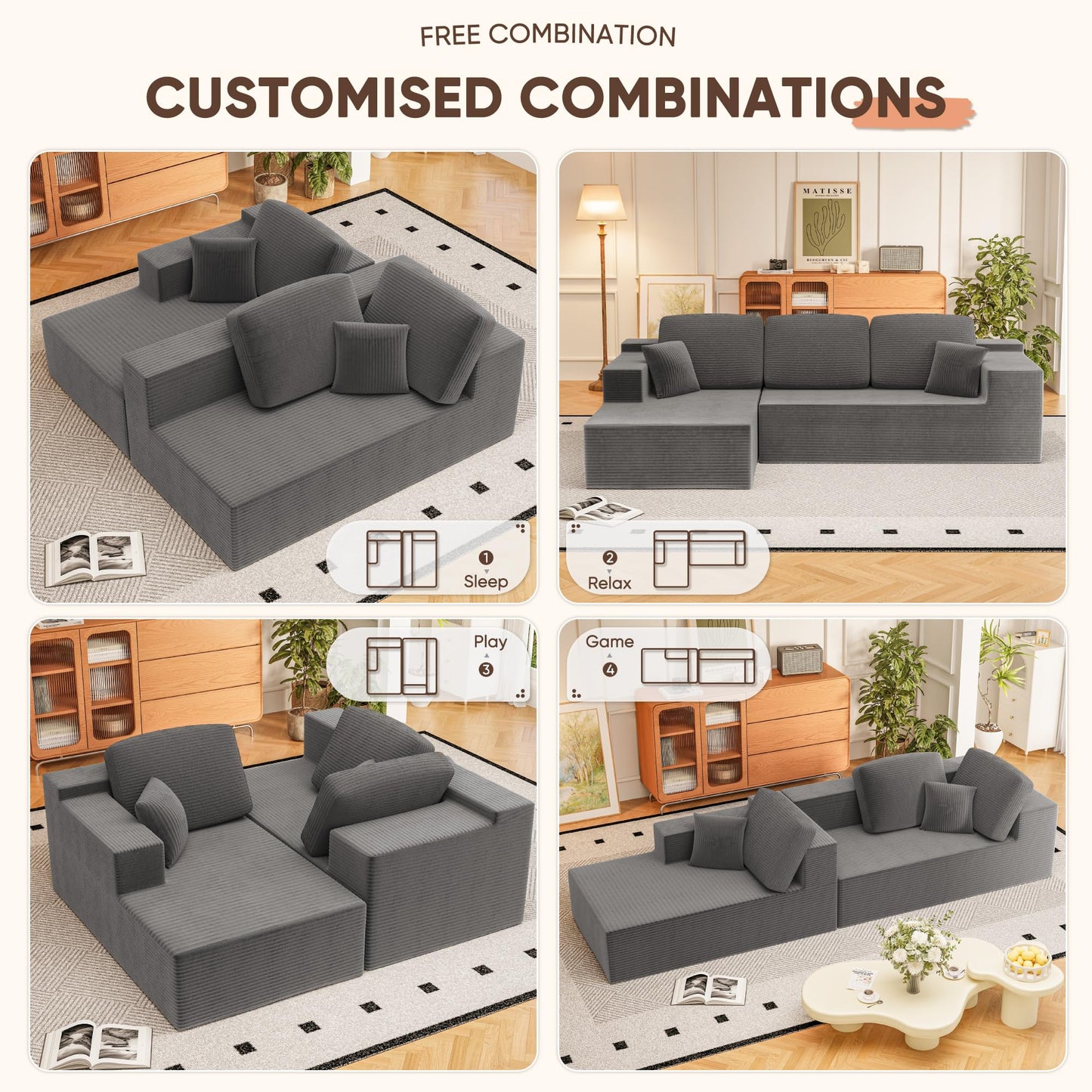 Homall 108" Modular Sectional Sofa, Boneless Couch with L-Shape Chaise, Cloud Couch with Deep Seat Upholstered, No Assembly Required for Living Room, Bedroom (Corduroy, Grey)