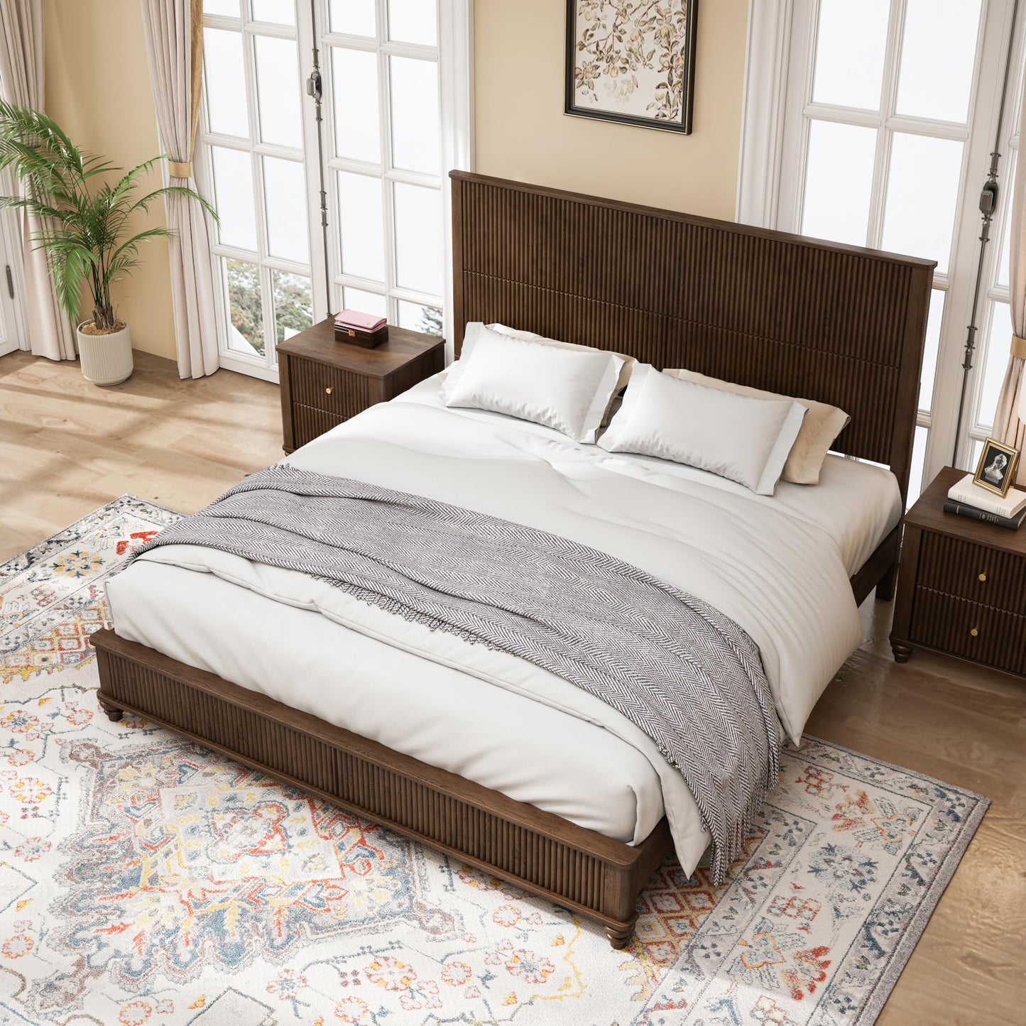 SABAITEC King Size Solid Wood Platform Bed Frame, Solid Wood Bed with 79.13" Headboard, Solid Wood Leg/No Box Spring Needed/Noise Free/Brown