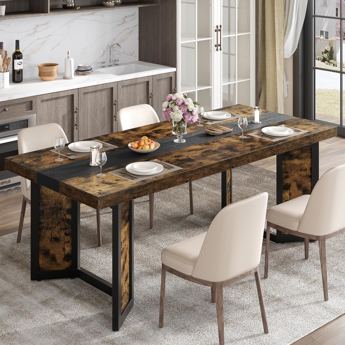 Industrial Dining Table for 6-8 People, 71" Large Long Wooden Kitchen Table with Sturdy Metal Frame & Brown Finish, Rustic Style Rectangular Dinner Table for Dining Room, Kitchen (Vintage Brown)