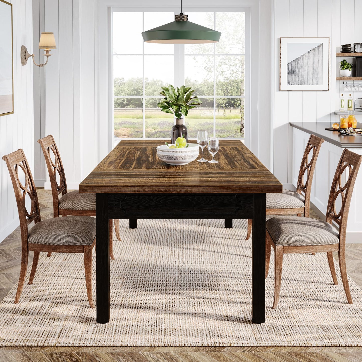 Tribesigns 63-inch Farmhouse Dining Table for 4-6, Rectangular Dining Room Table with Sturdy Legs, Modern Kitchen Dinner Furniture for Dining Room, Living Room, Kitchen, Rustic Brown & Black