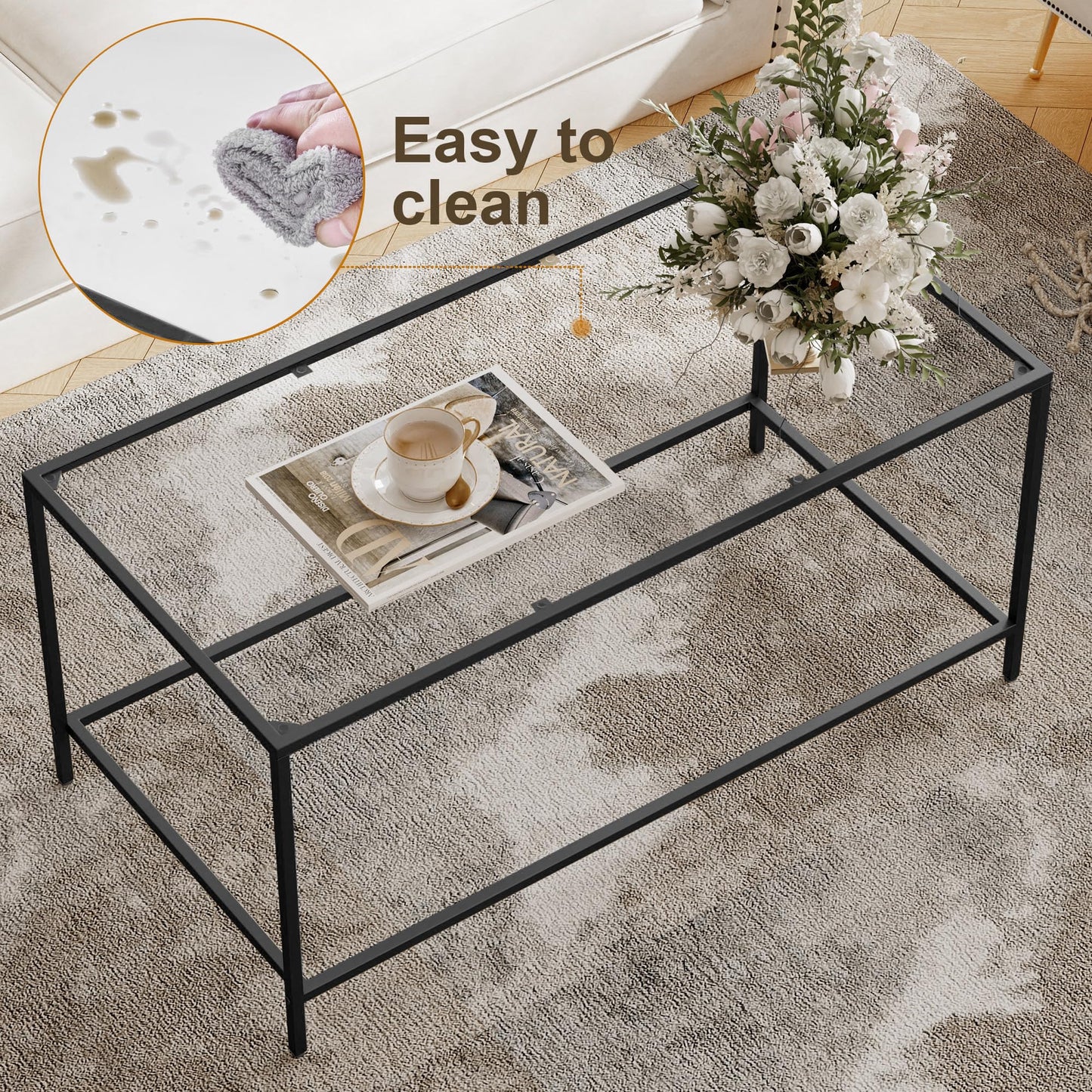 Homleke Glass Coffee Table, Modern Rectangular Coffee Table for Living Room, Minimalist Center Tea Table with Sturdy Metal Frame for Apartment, Office, Easy Assembly, 39.4 x 19.7 x 17.7 Inches, Black