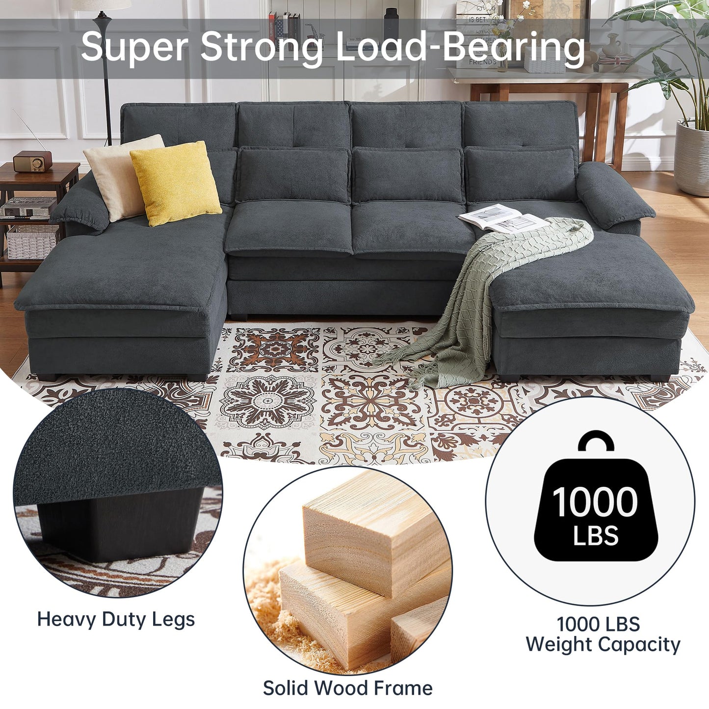 Enobala 110" Comfy Cloud Couch Sectional Sofa with Lumbar Pillows, Modern U-Shaped Cloud Sofa with Double Chaise & Deep Seat for Living Room, or Office, Easy Assembly, Dark Grey