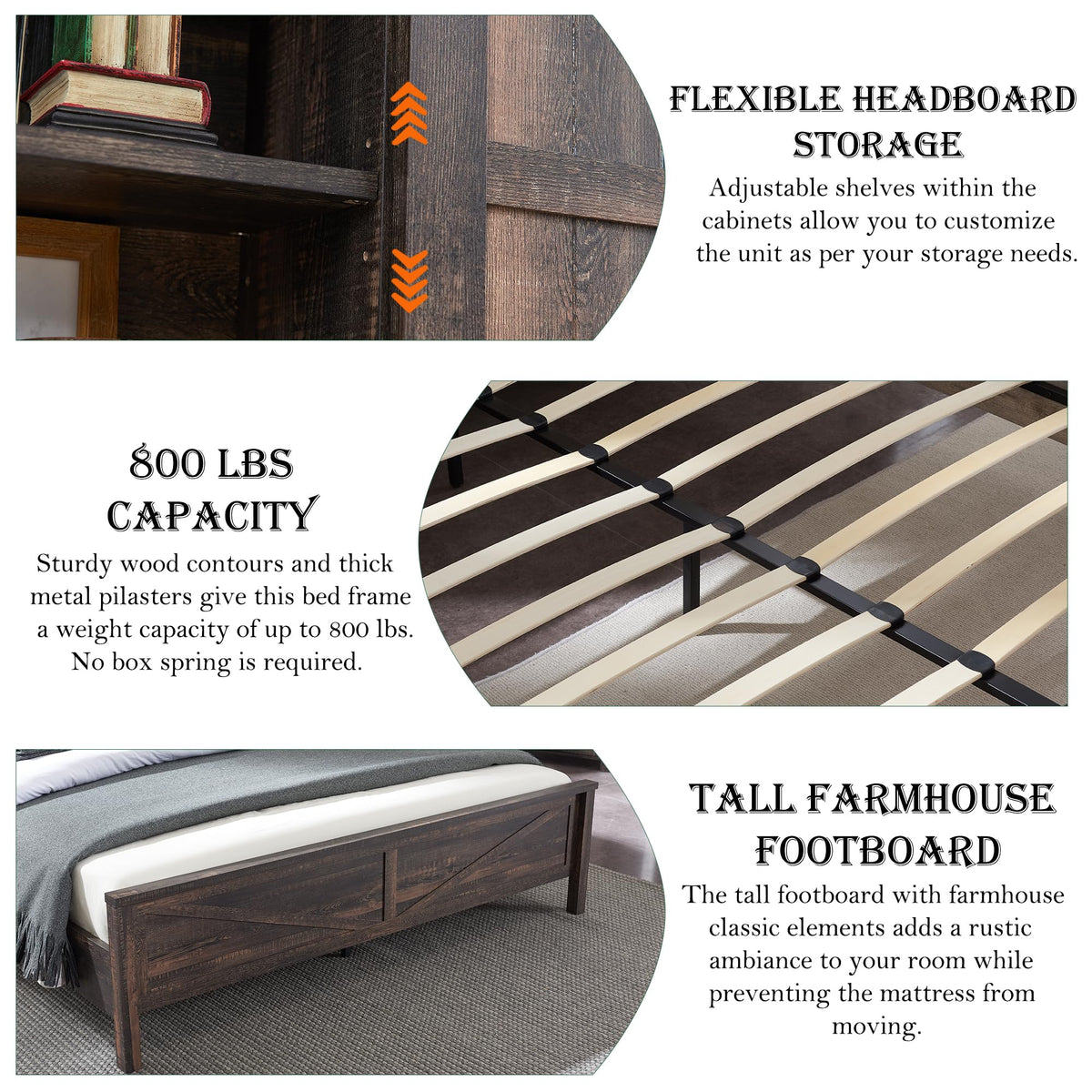RedLemon Farmhouse King Size Bed Frame with Bookcase Headboard, Sliding Barn Door, Storage Cabinet, Charging Station, Wood Slats Support, No Box Spring Needed, Dark Rustic Oak