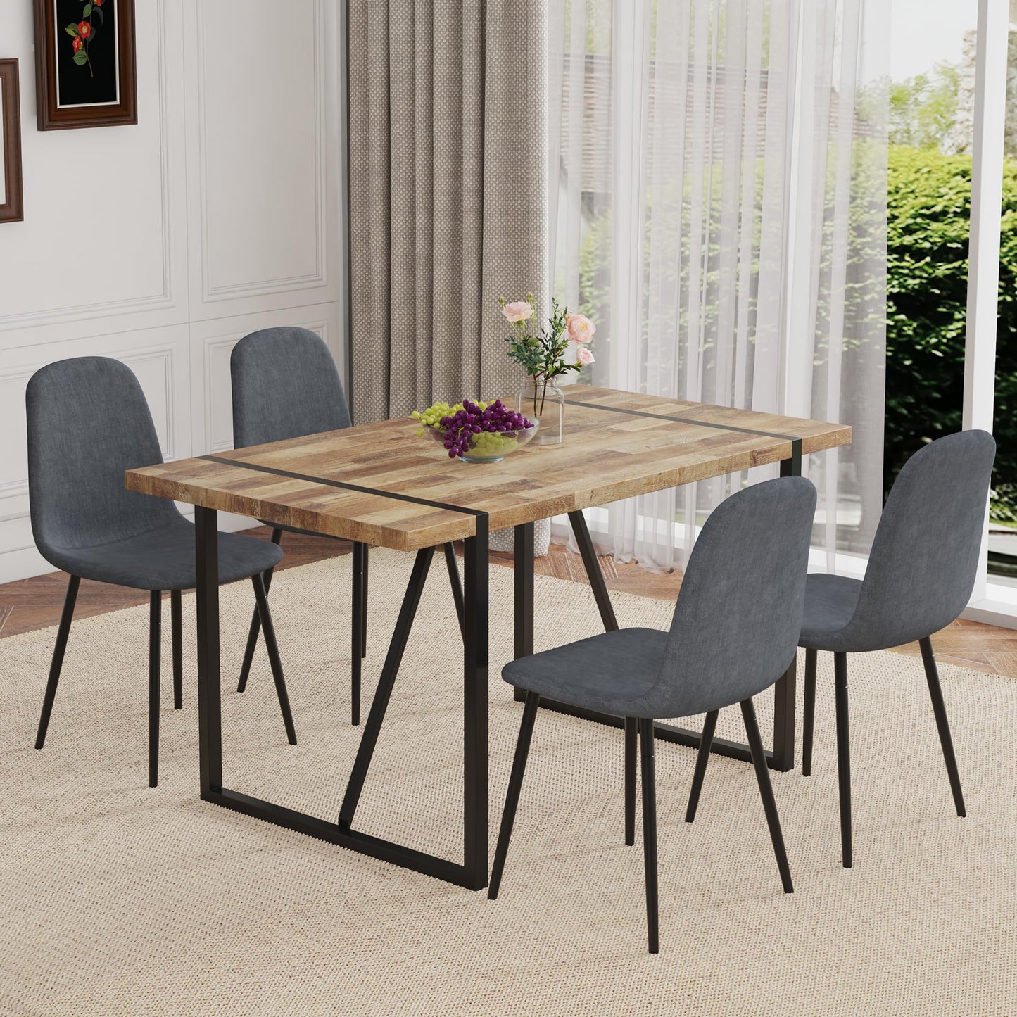 MUUOKY 55'' Dinner Table Set for 4, Rectangular Wood Kitchen Table Set for 4 with Chairs, 5 Piece Dining Tables Set for Kitchen and Dining Room