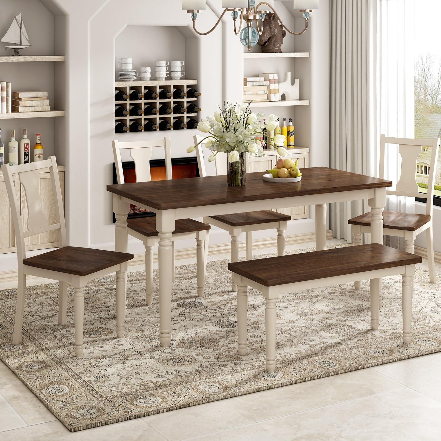 LUMISOL 60" Dining Table Set with Bench Includes Rectangular Dining Table, 4 Chairs & Bench, Farmhouse Style, Brown+Cottage White