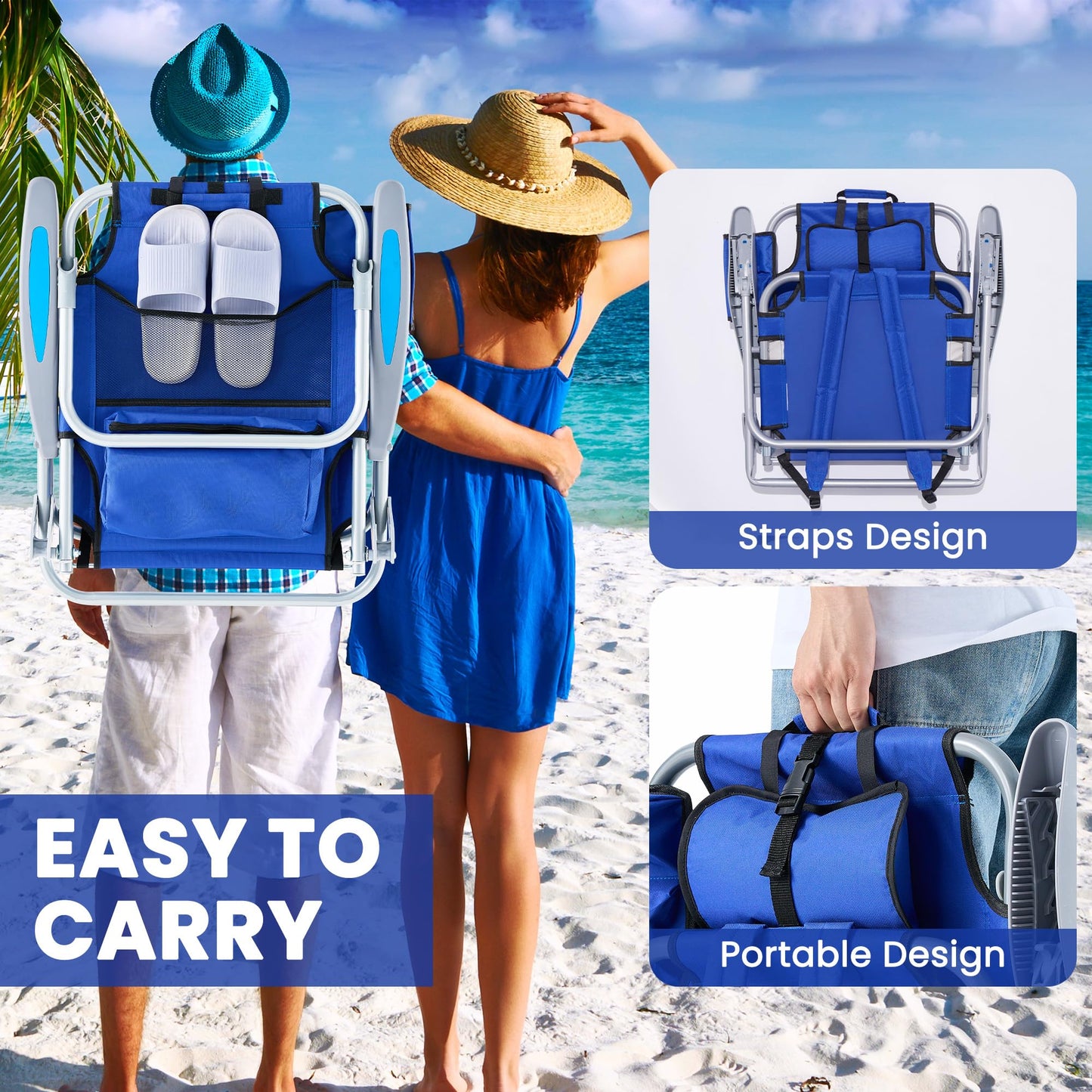 Geisoun Beach Chair with 5 Adjustable Positions, Lightweight Foldable Camping Chair with Pillow, Reclining Chair for 350 LBS Adult, with Shoulder Straps, Storage Bag, Cup Holder, Towel Bar