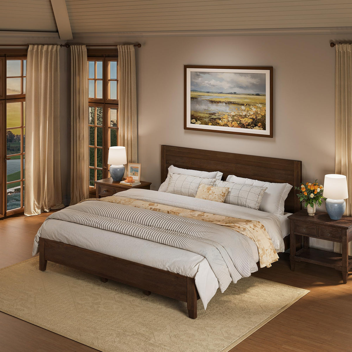 Cozyman Bed Frame King Size, Acacia Wood Platform with Headboard, No Box Spring Needed, 800lb Capacity, Non-Slip Without Noise, Easy Assembly, Walnut