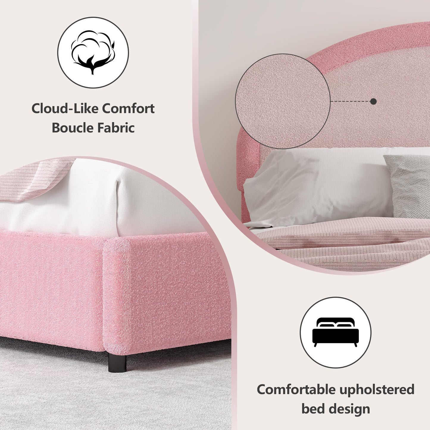 Twin Boucle Bed Frame, Boucle Upholstered Platform Bed Twin Size with Headboard, Pink Bed Frame for Girls Kids, Low Profile Bed, Rounded Corners, No Box Spring Needed, Dark Pink and Light Pink