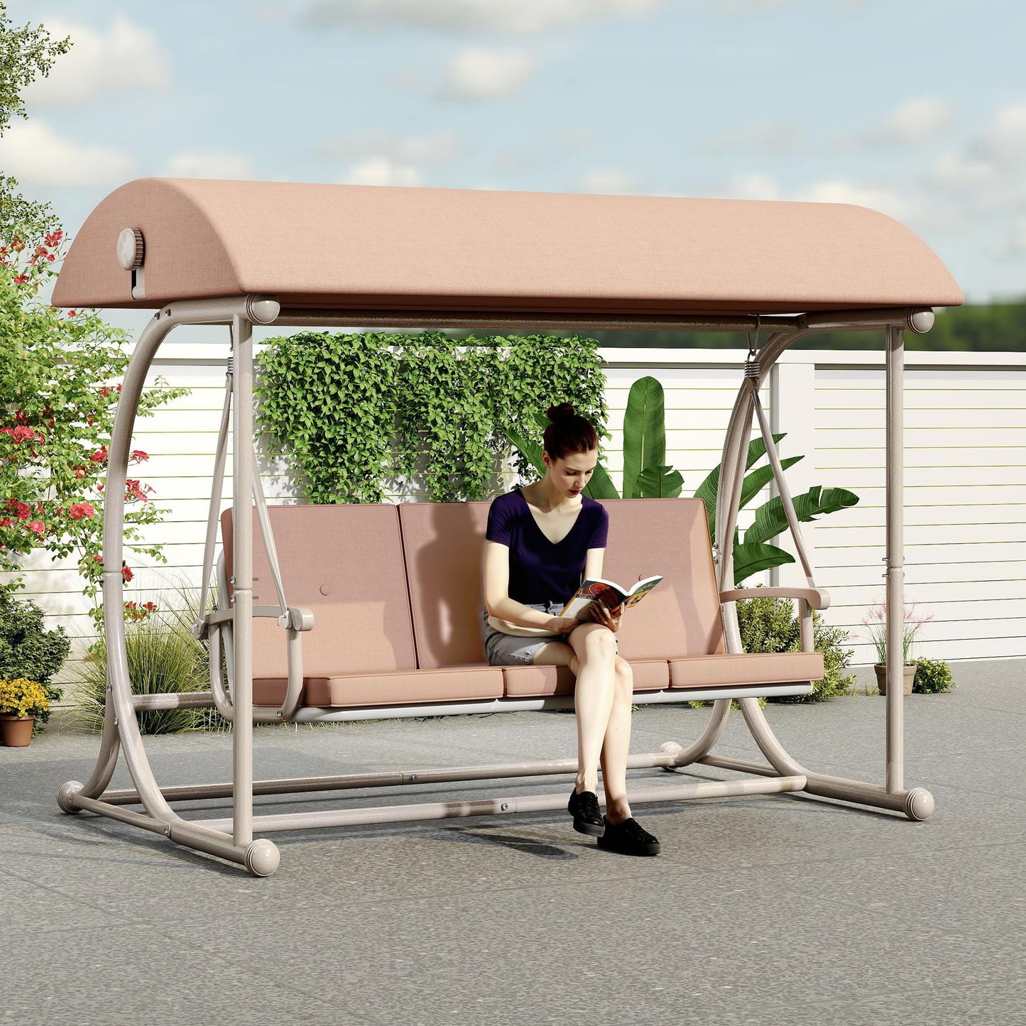 DAYARUS Modern Porch Swing with Stand, 3 Person Outdoor Patio Swings with Canopy, All Weather Backyard Swing for Adults, 2 in 1 Patio Swings Bed with Cushions, 600LBS Heavy Duty Outdoor Swing, Khaki