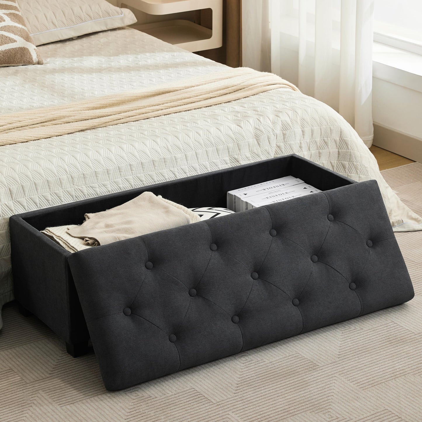Mangodan 43’’ Storage Ottoman Bench, Linen Entryway Benches Load up to 660 Lb, Modern End of Bed Benches for Bedroom, Ottoman with Storage Bench for Living Room, Dark Gray
