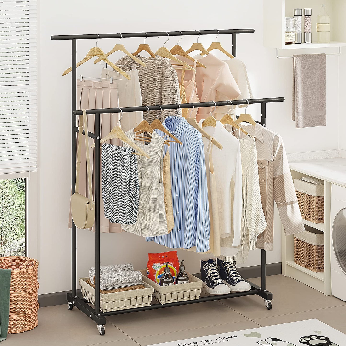 Calmootey Double Rod Clothing Garment Rack,Rolling Hanging Clothes Rack,Portable Clothes Organizer for Bedroom,Living Room,Clothing Store,Black