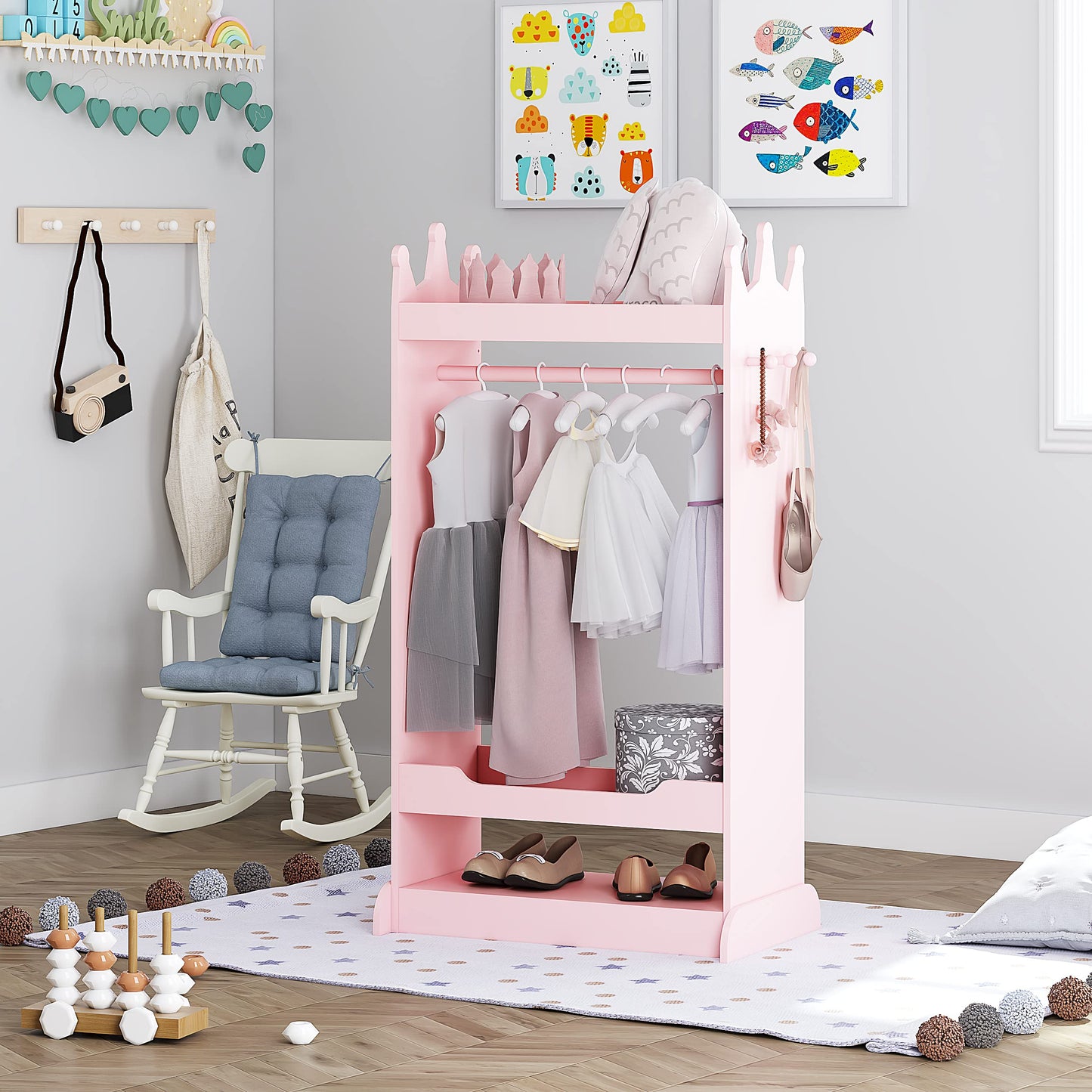 UTEX Kids Dress up Storage with Mirror,Costume Wardrobe for Kids, Open Hanging Armoire Closet,Pretend Storage Closet, Costume Storage Dresser (Pink)