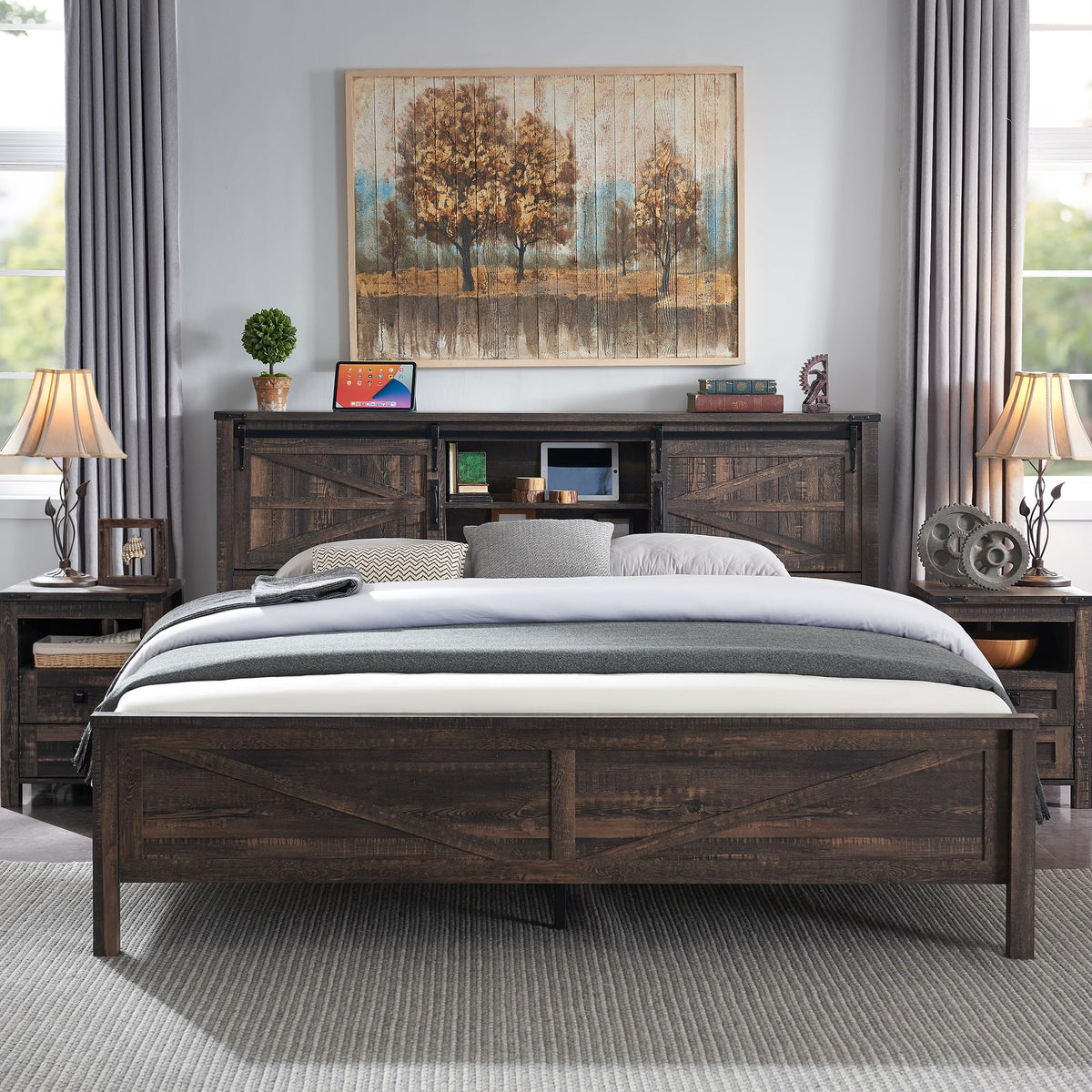RedLemon Farmhouse King Size Bed Frame with Bookcase Headboard, Sliding Barn Door, Storage Cabinet, Charging Station, Wood Slats Support, No Box Spring Needed, Dark Rustic Oak