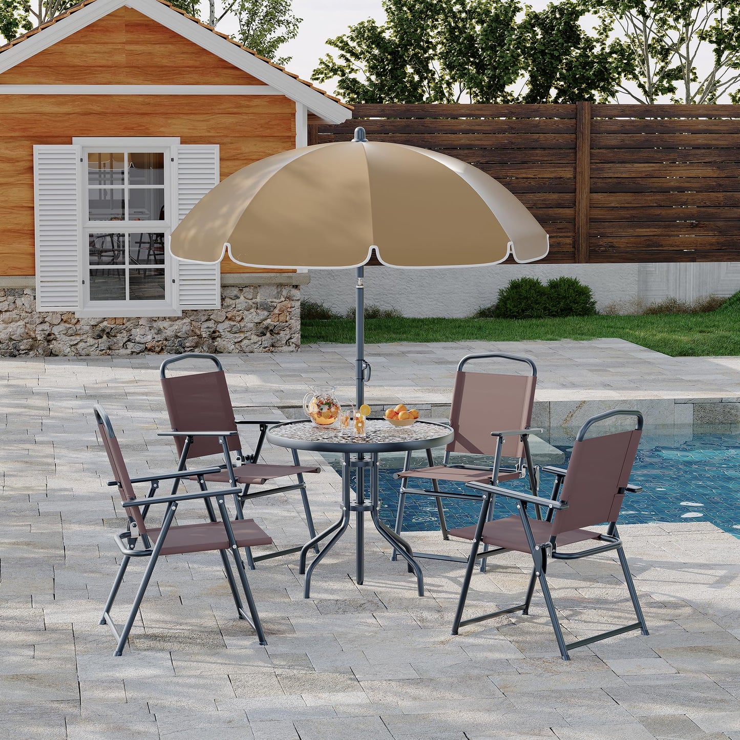Patio Dining Set for 4 With Umbrella, Outdoor Furniture Set With 4 Folding Dining Chairs, Outdoor Table Umbrella Set With Tempered Glass Top Dinings Table