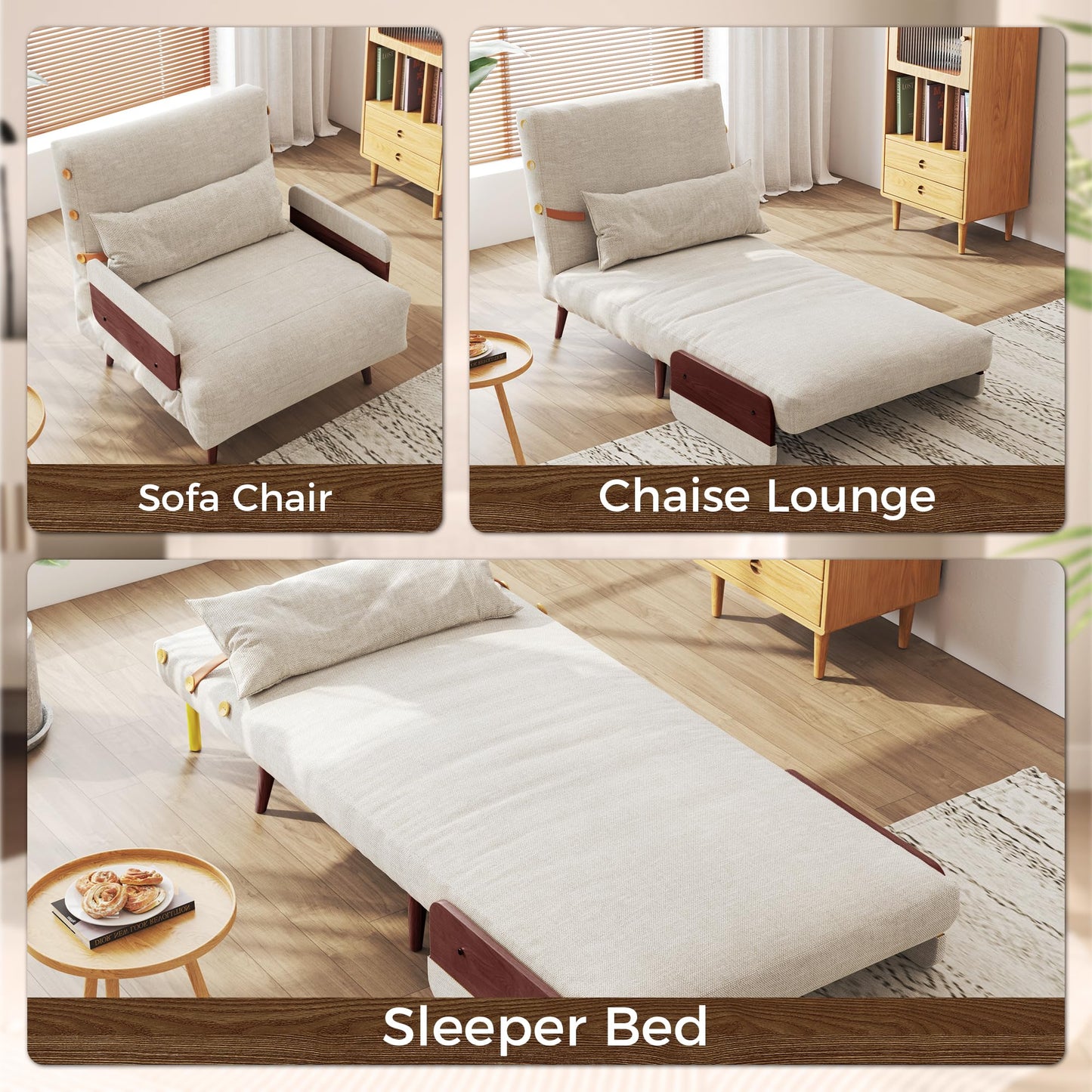 JASIWAY 3-in-1 Convertible Chair Bed Sleeper for Adults, Linen Convertable Sleeper Chair with Wooden Arms & Pillows, Foldable Single Futon Sofa Bed (Modern with Walnut Arm, 28.4" Wide)