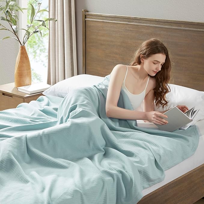Madison Park Liquid Cotton Luxury Blanket Premium Soft Cozy 100% Ring Spun Cotton For Bed , Couch or Sofa, Twin, Light Blue