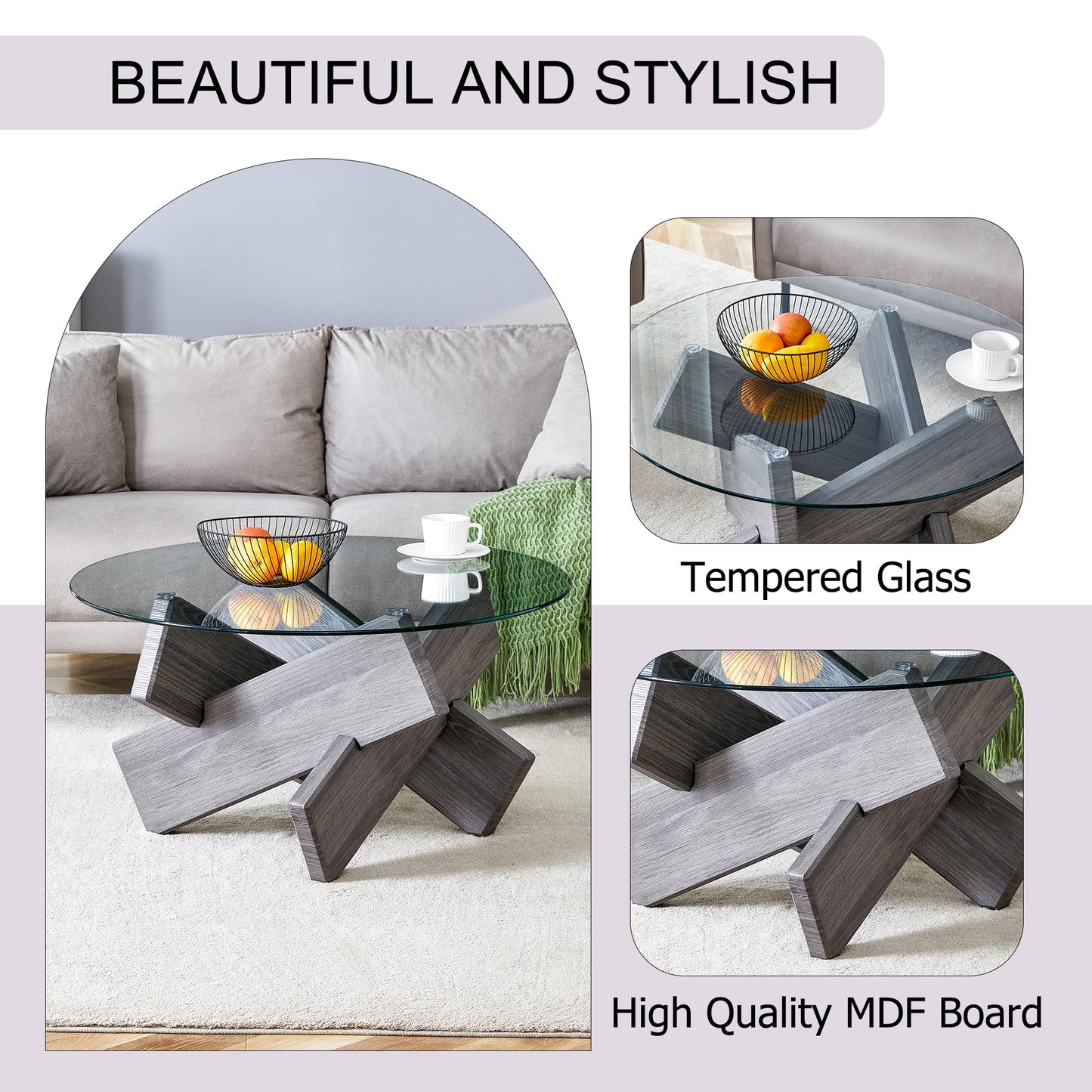 Gray Round Glass Coffee Table,33-Inch Small Modern for Living Room Clear Circle Accent Table Adapts to Farmhouse and Contemporary Decor