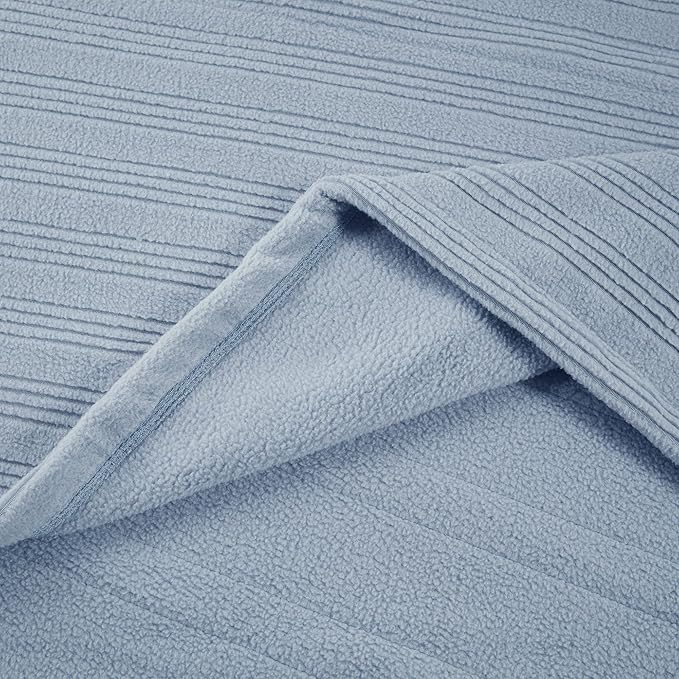 Serta Travis Fleece Ultra Soft Tri-Rib Textured Electric Blanket, Cozy and Snuggly Cover Fast Heating for Cold Weather, Auto Shut Off, Multi Heat Setting Controller, Full, Dusty Blue