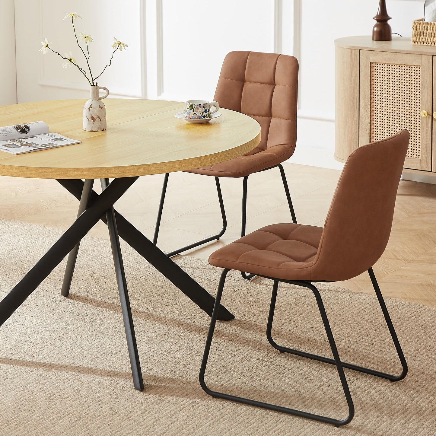 HIPIHOM 45.3 Inch Round Dining Table Set for 4, Mid Century Modern Small Kitchen Coffee Set for Dining Room Kitchen Apartment (Cream Table + 4 U-Shaped Brown Chairs)
