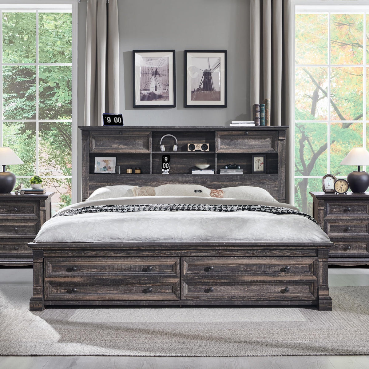 Farmhouse Queen Size Bed Frame with 54" Tall Storage Bookcase Headboard, Wood Platform Bed Frame with 18" Tall Roman Column Decoration Footboard & 2 Drawers(Dark Rustic Oak)