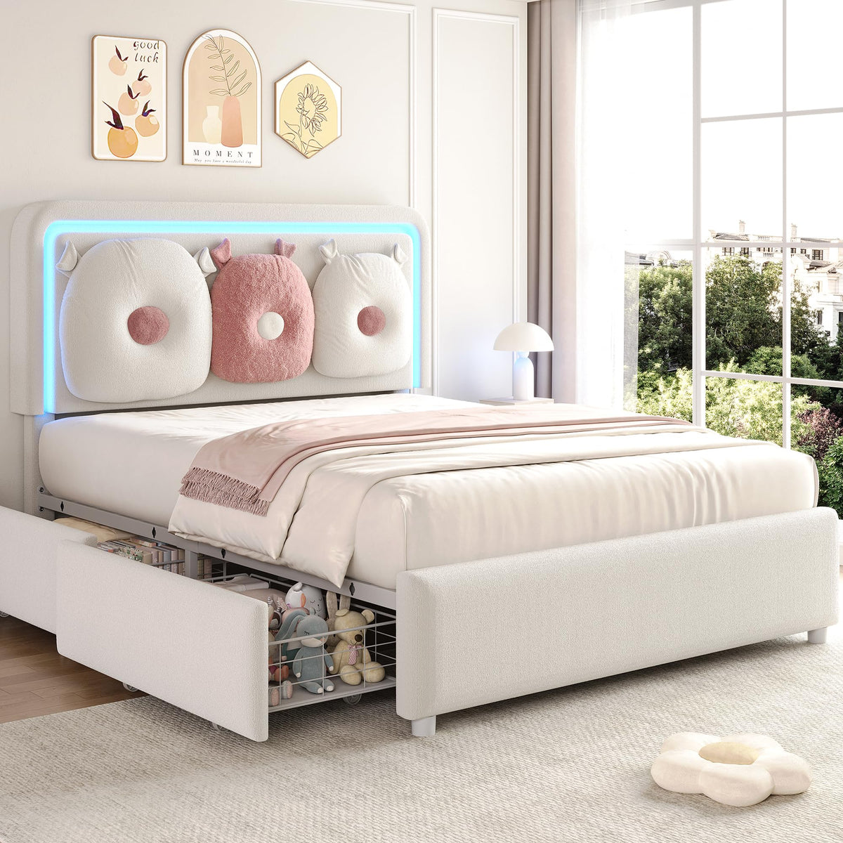 Full Boucle Upholstered LED Bed Frame with Storage Drawer and Adjustable Chic Double Arc Headboard, Princess Platform Cloud Bed with Backrest, Heavy Duty Metal Support, No Box Spring Needed, White