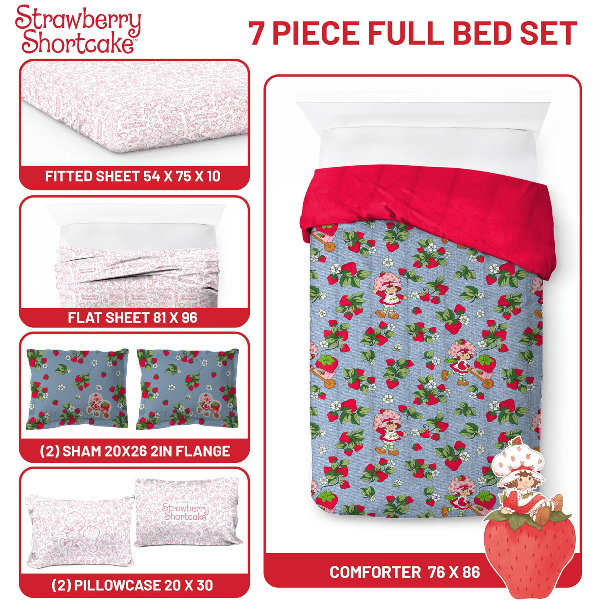 Jay Franco Kids Comforter Set Includes Sheets and Pillow Covers - Soft and Cozy Bed Set for Stylish Room Decor, Blue - Strawberry Shortcake, 7 Piece Full Size Bedding