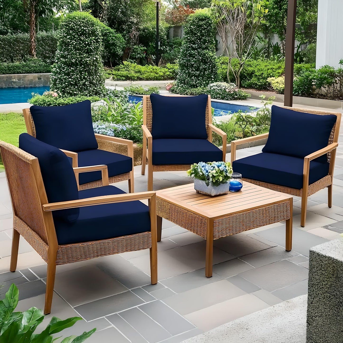 Fabuday Outdoor Chair Cushions Set - 22 x 22 Inch Waterproof & Fade Resistant Patio Furniture with Removable Cover Deep Seat & Back Pillow with Ties Replacement for Sunbrella Outside Sofa Couch Blue