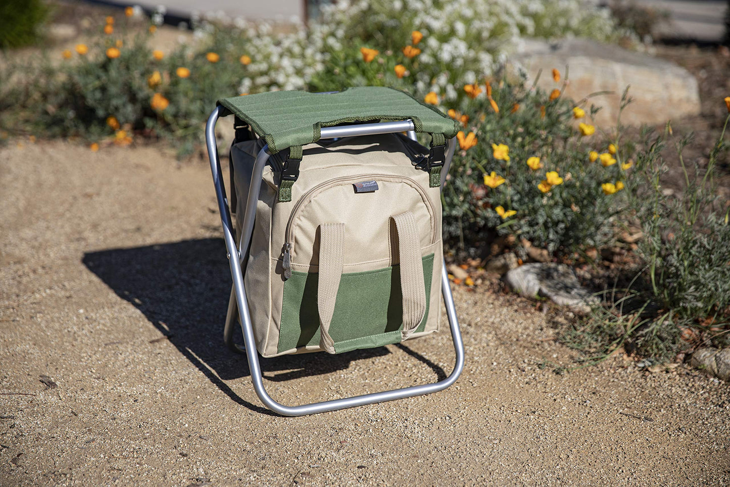ONIVA - a Picnic Time brand Gardener Folding Seat with Tools, Garden Stool with Detachable Storage Tote Bag, Portable Chair Seat with Garden Tools Set Organizer, Olive Green with Beige Accents