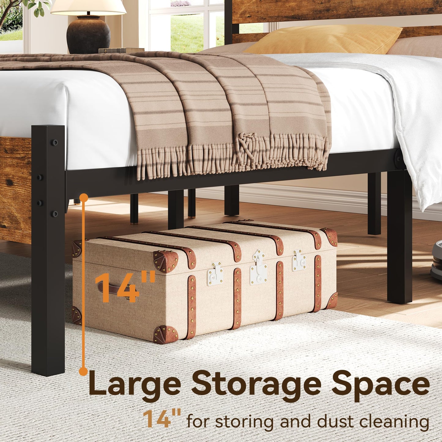 BedsPick 14 Inch Queen Bed Frame Sturdy Metal Bed Frame Queen Size with Wooden Headboard and Footboard, Noiseless/12.4" Under Bed Space/Durable Support//No Box Spring Needed/Anti-Slip, Brown