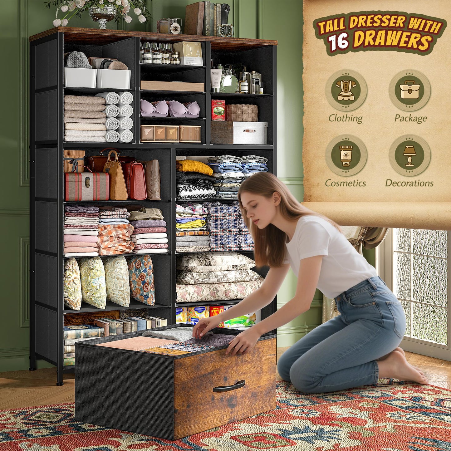 Romorgniz 57“H Tall Dresser for Bedroom with 16 Drawers,Fabric Dressers & chests of Drawers for Bedroom,Large Dresser for Closet,Sturdy Metal Frame & Wood Top,Entryway, Hallway(Rustic Brown)
