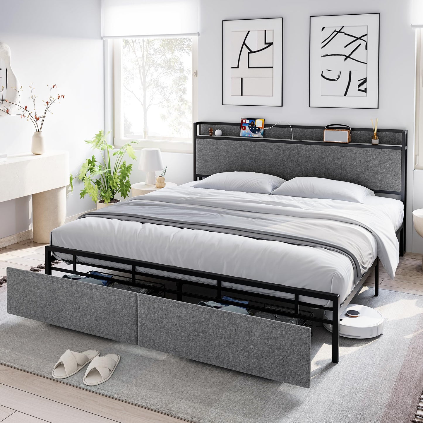 GarveeHome King Size Bed Frame with 2 Storage Drawers and USB Ports, Modern Platform Bed with Upholstered Shelf Headboard, Sturdy, Noise Free, No Box Spring Needed, Gray