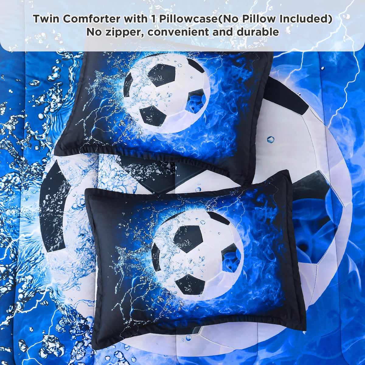 Andency Soccer Comforter Twin(66x90 Inch), 2 Pieces(1 Soccer Comforter, 1 Pillowcase) Blue Flame Soccer Comforter Set Sport Microfiber Bedding Set for Boy Girl Kids, Teen