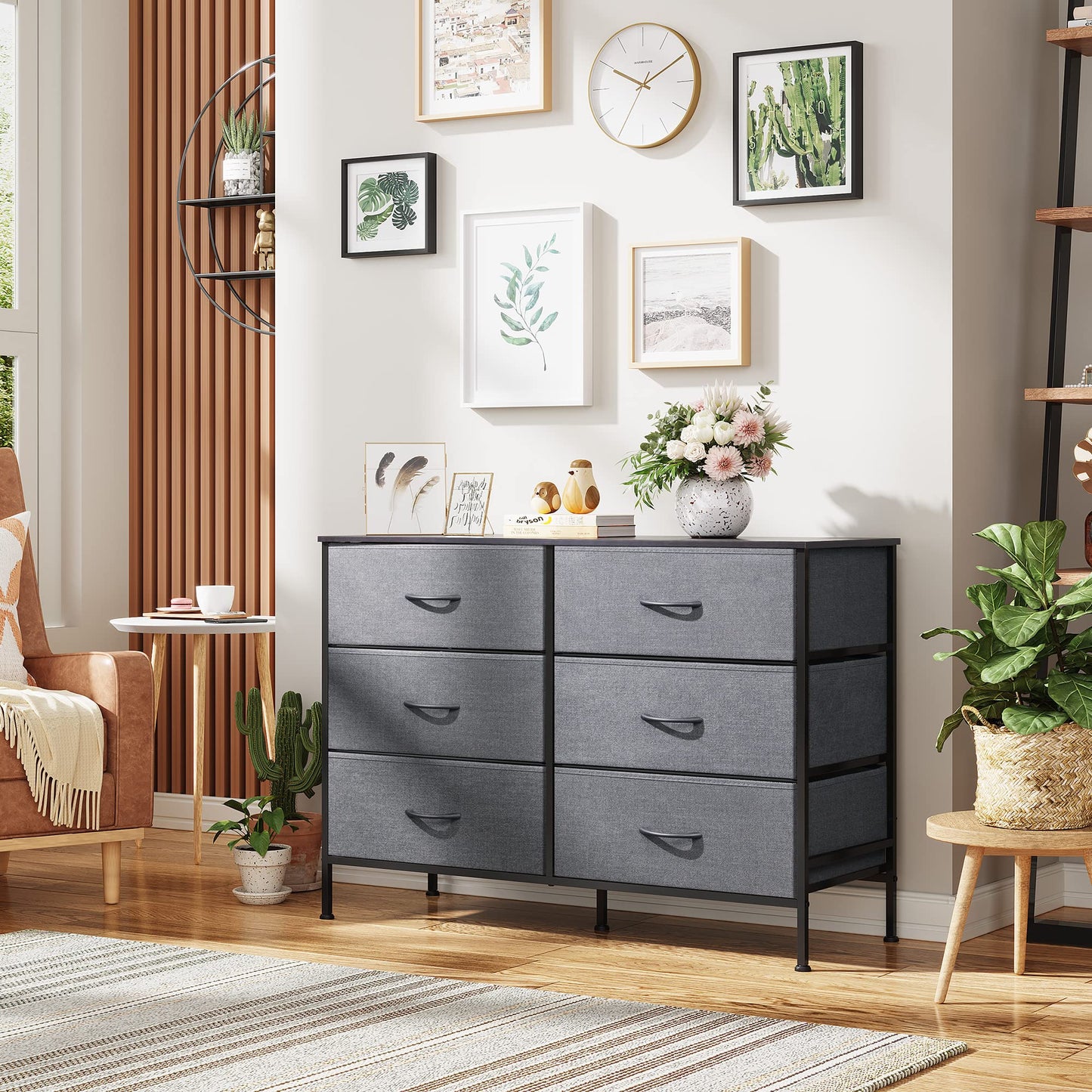WLIVE Dresser for Bedroom with 6 Drawers, Wide Fabric Dresser TV Stand for 50 Inches TV with Metal Frame, Wooden Top, Fabric Storage Organizer for Livingroom, Hallway, Dark Gray