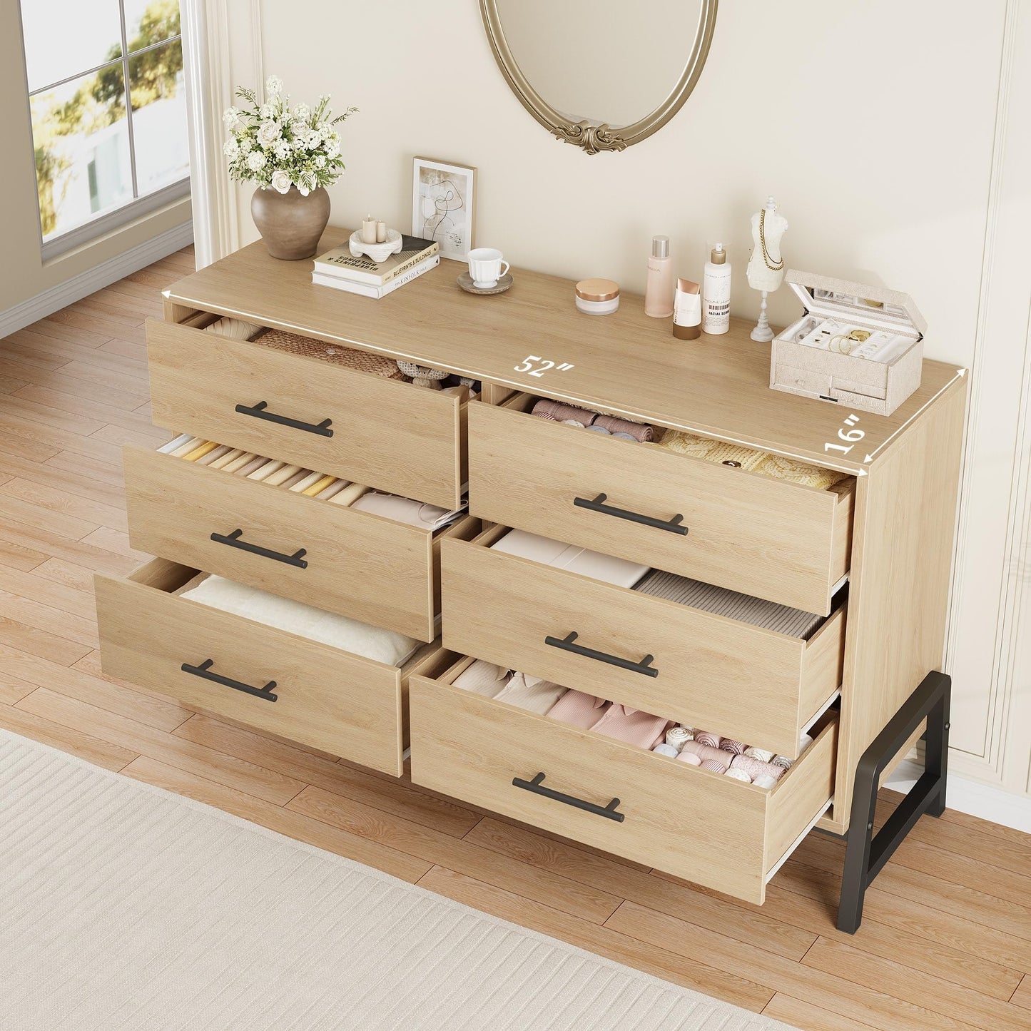 GarveeHome 6 Dresser for Bedroom, 52" Wide Drawer with Large Storage Space, Freestanding Wooden Closet Storage Dresser Chest for Living Room, Bedroom, Entryway, Natural Oak