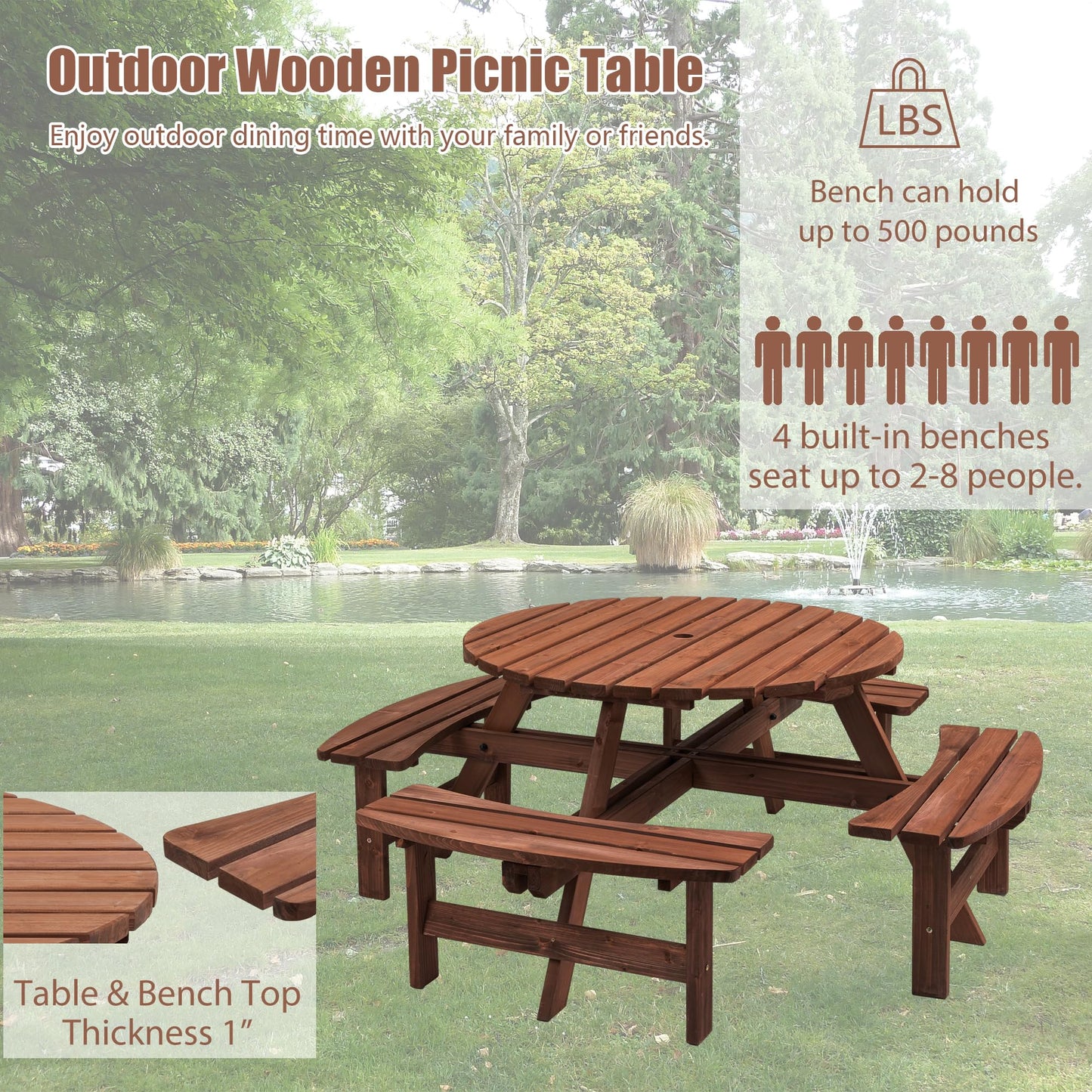DOPERFE 8-Person Outdoor Round Wooden Picnic Table with 4 Built-in Benches, Outdoor Dining Set with Umbrella Holes, 2220 lb. Weight Capacity for Garden, Lawn, Patio (Brown, 70.07"*70.07"*27.55")