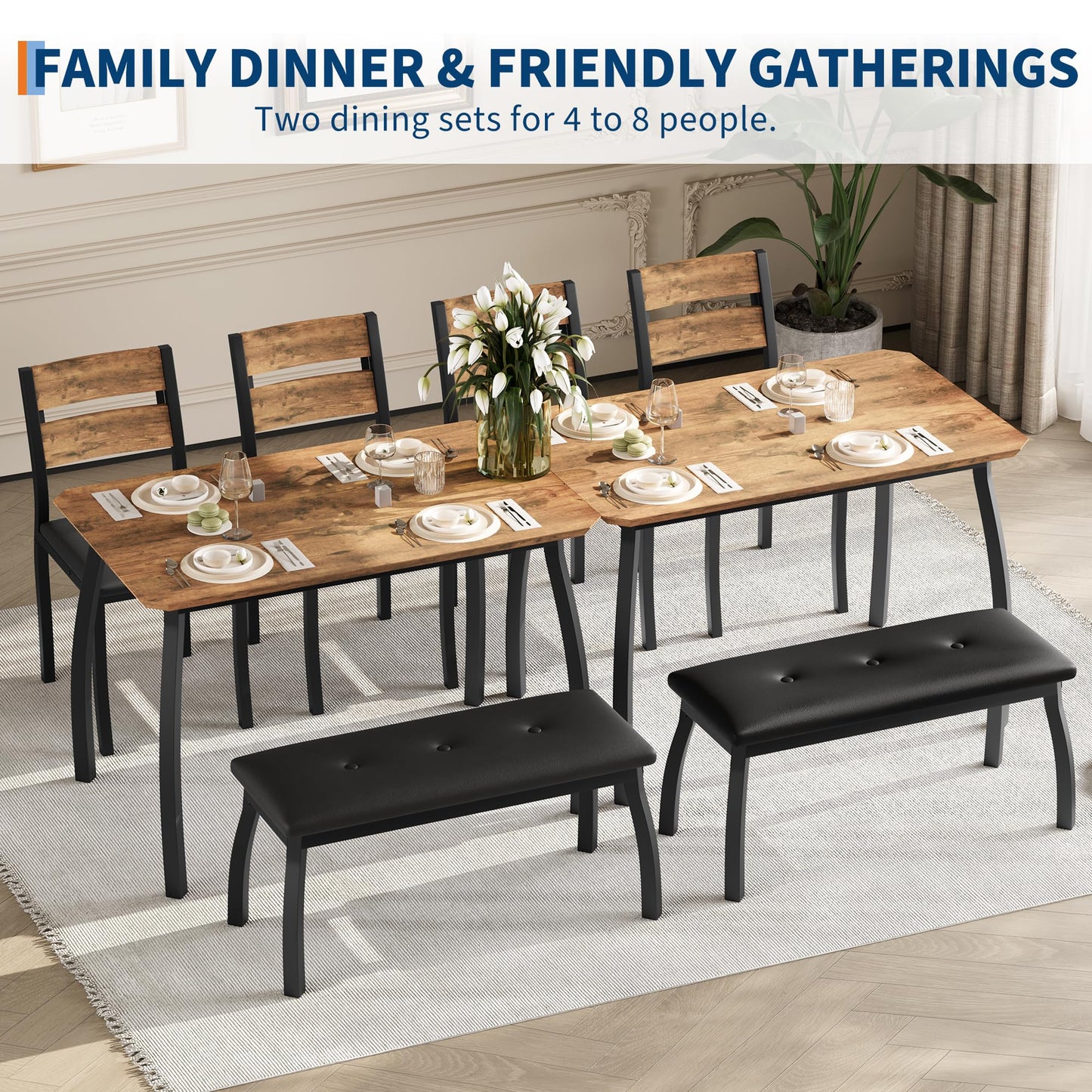 IDEALHOUSE 43'' Dining Table Set for 4, Wooden Kitchen Table with Upholstered Bench & 2 Cushion Chairs, Industrial Dinette Set for Studio, Kitchen, Dining Room, Apartment, Retro