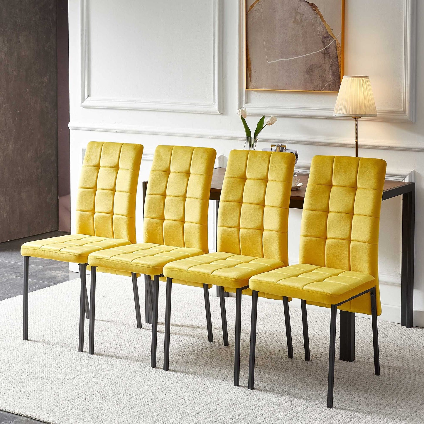 NORDICANA Upholstered Velvet Dining Chairs Classic Kitchen High Back Chairs Set of 4, Featured Dovetail Tufted Side Chairs, Black Metal Legs, Yellow