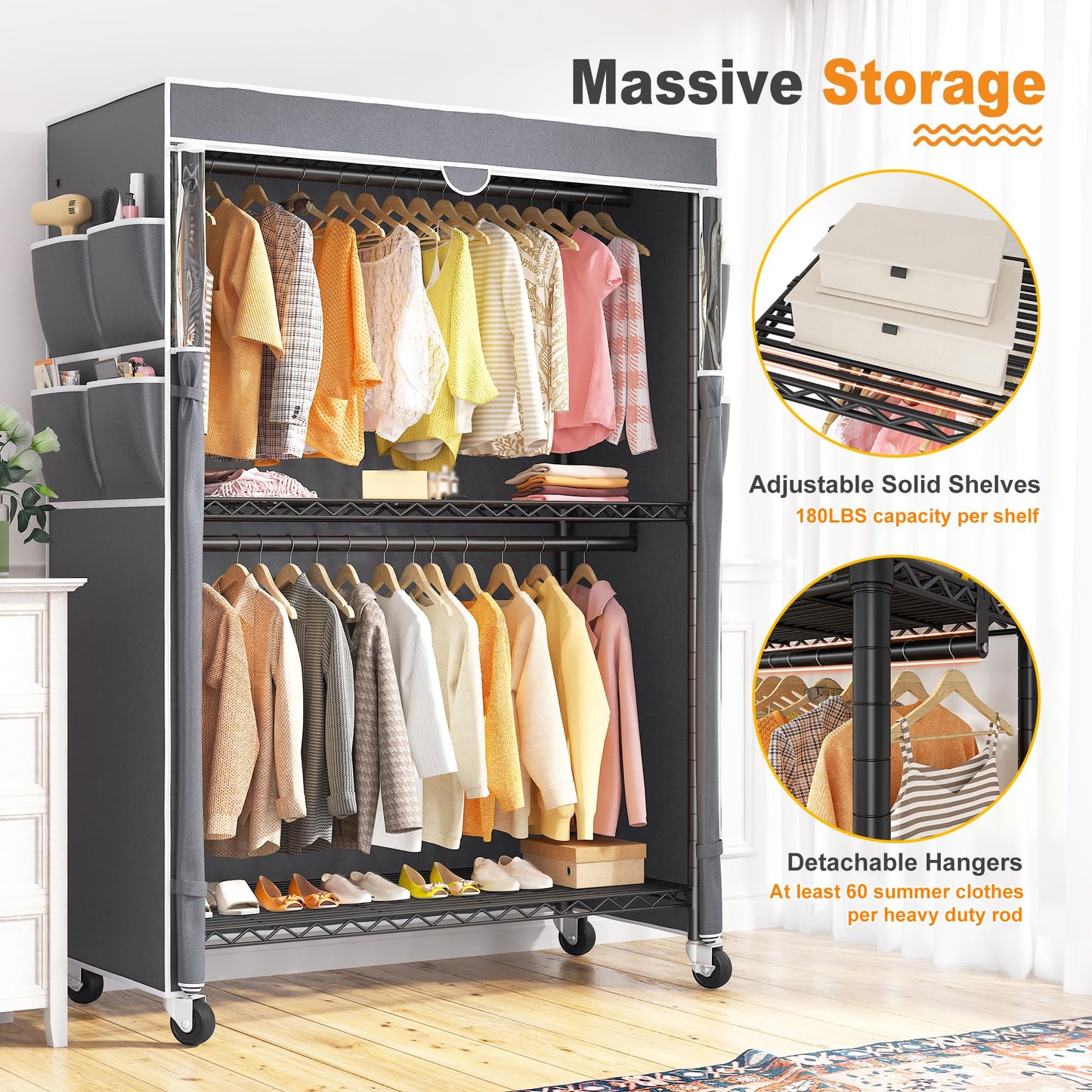 Raybee Clothes Rack with Cover, 81" H Clothing Racks for Hanging Clothes, Portable Closet with Wheels and Adjustable Feets, Max Load 440LBS, Black