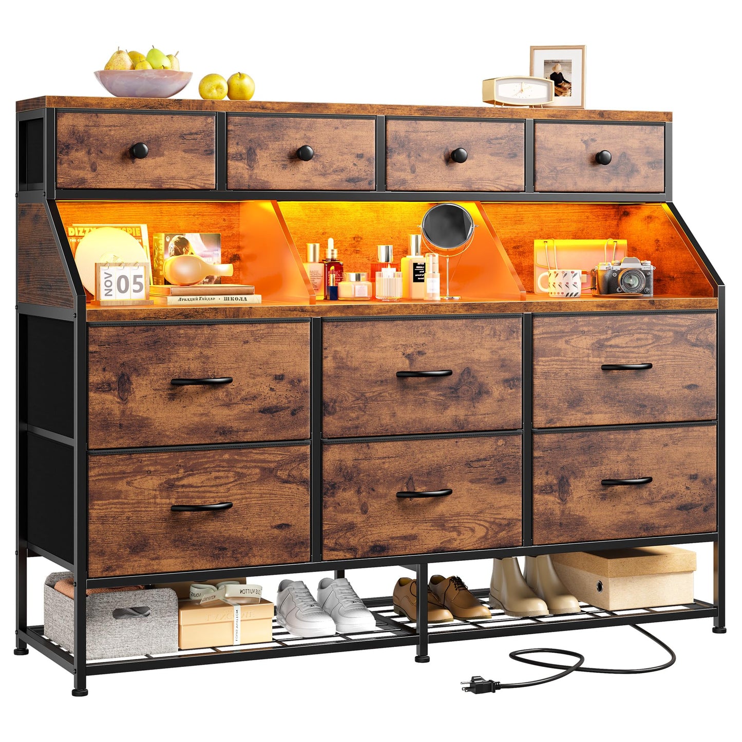 Dresser for Bedroom with 10 Drawers & Shoe Rack Fabric Dressers & Chests of Drawers with LED Lights and Power Outlets Bedroom Dresser for Entryway, Halfway, Closet (Rustic Brown)
