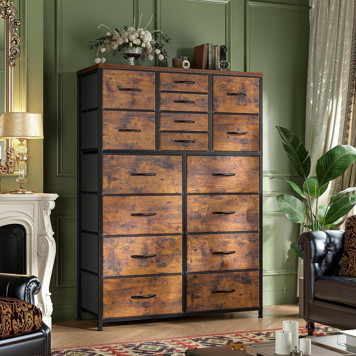 Romorgniz 57“H Tall Dresser for Bedroom with 16 Drawers,Fabric Dressers & chests of Drawers for Bedroom,Large Dresser for Closet,Sturdy Metal Frame & Wood Top,Entryway, Hallway(Rustic Brown)