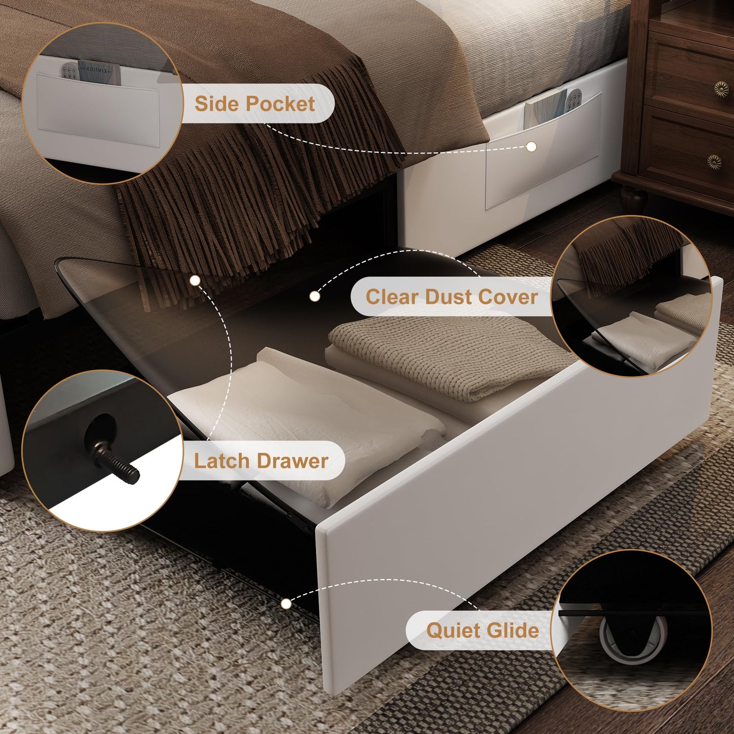 Torana Queen LED Bed Frame with 2 Drawers, PU Upholstered Platform Beds with Adjustable Storage Headboard, Crystal Button Tufted Wingback Bedframe with Wooden Slats, No Box Spring Needed, White