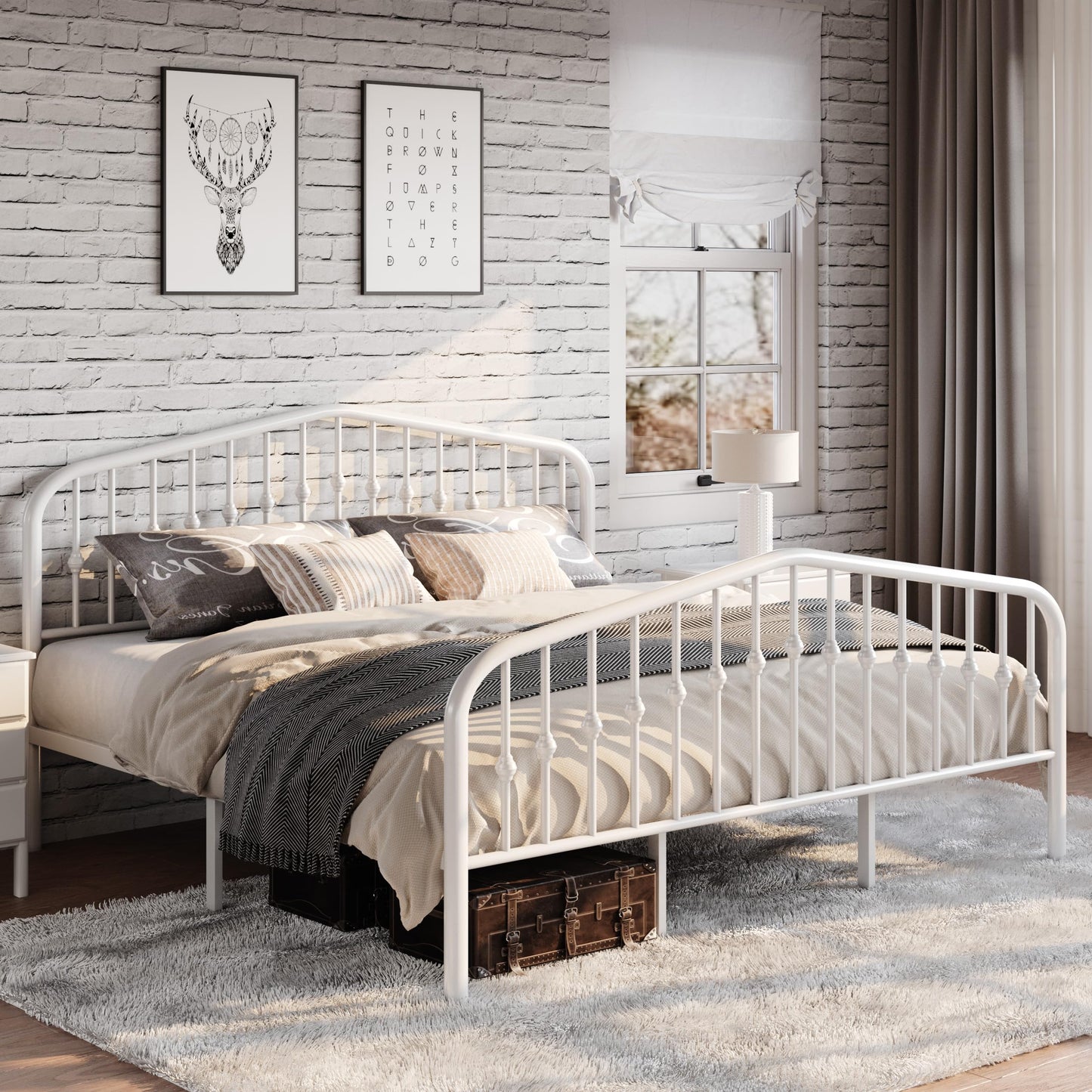 SHA CERLIN King Size Metal Platform Bed Frame with Victorian Style Wrought Iron-Art Headboard/Footboard, No Box Spring Required, White