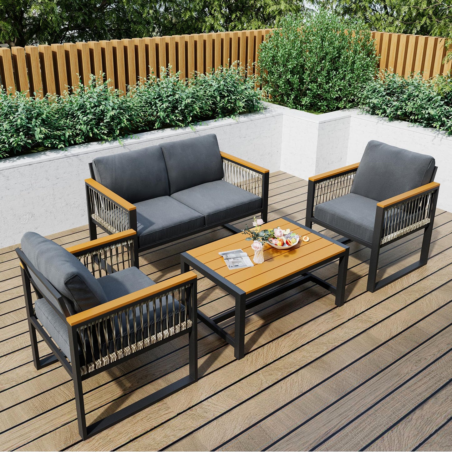 Pamapic 4 Pieces Outdoor Patio Furniture Set with Wicker Handrails, Plastic-Wood Balcony Furniture with Wicker Arm Panel, All-Weather Metal Patio Conversation Sets with Cushion and Coffee Table